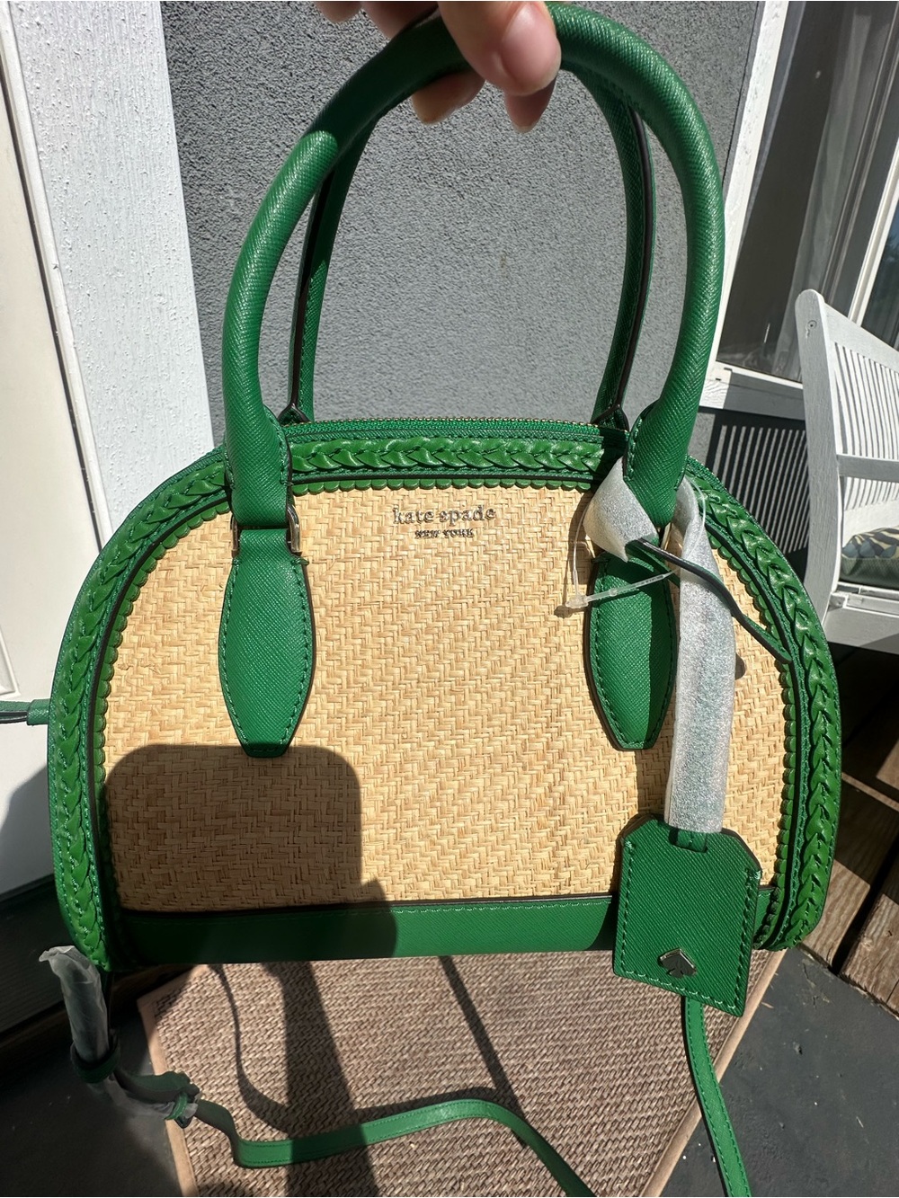 NWT kate spade Green & Natural Woven Dome Satchel with Braided Trim